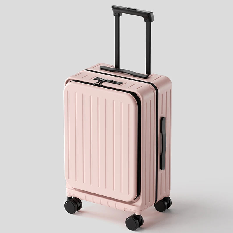 Pink carry-on suitcase with front pocket, telescoping handle, and four caster wheels