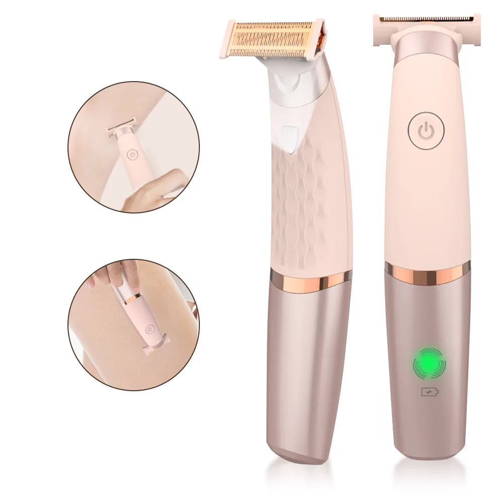 Pink rechargeable handheld epilator with metal comb head and power button
