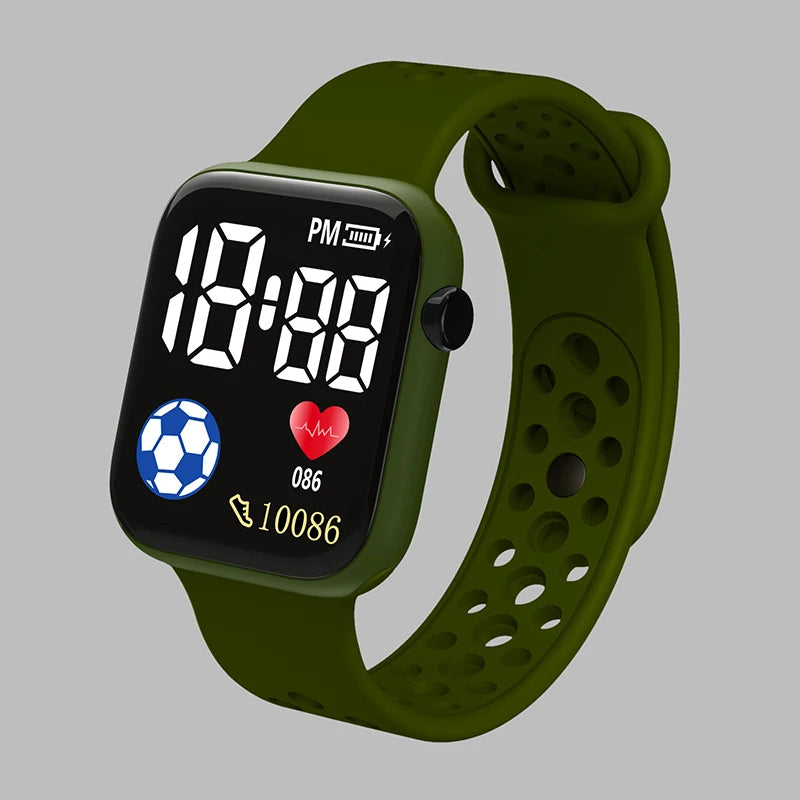 Kids LED digital watch with silicone strap, dark green case and band, black display screen