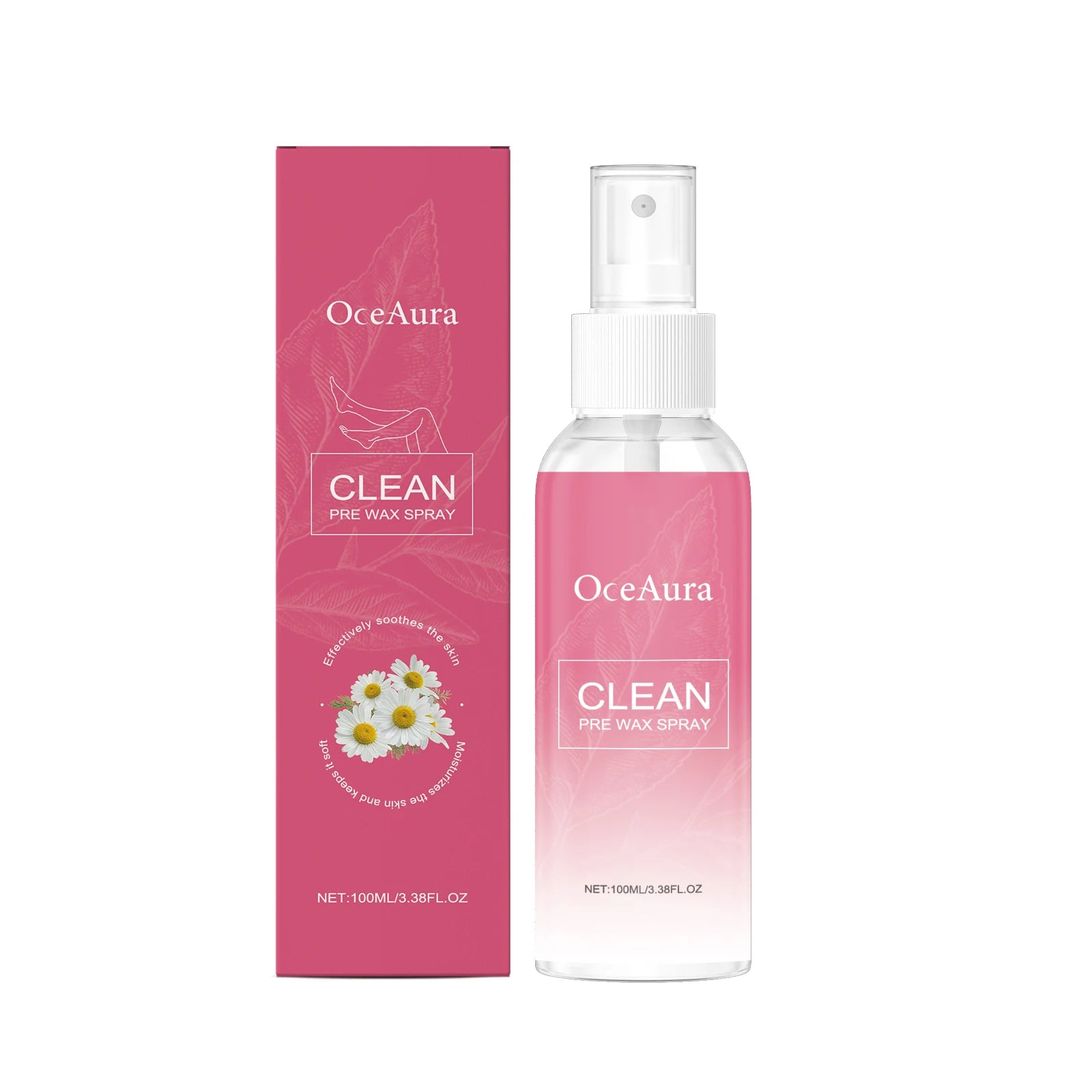 OceAura pre-wax spray bottle and pink box