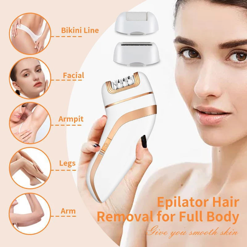 Handheld electric epilator with white body and rose-gold strip, for facial and bikini areas
