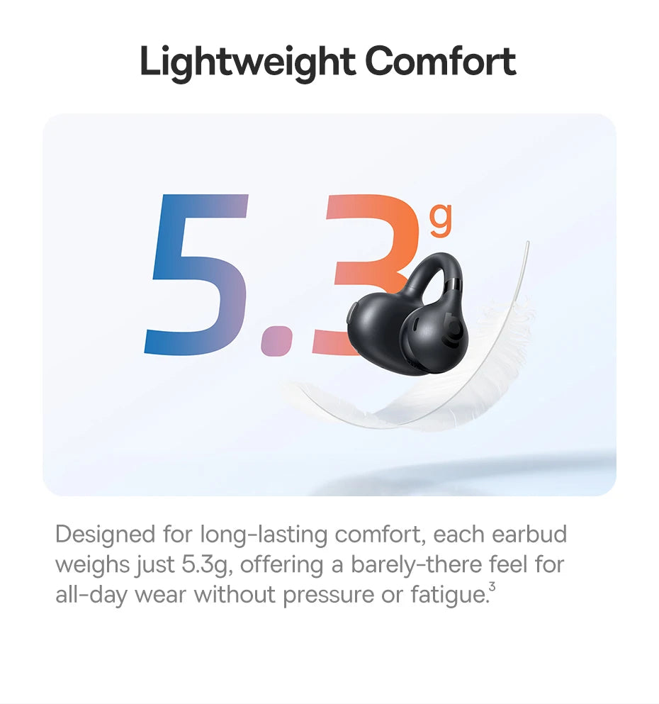 Black open-ear clip earbuds in lightweight comfort fit