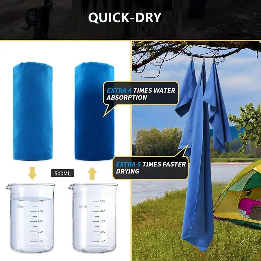 Two blue Cedar & Moore Quick-Dry microfiber sports towels; ultra-absorbent for gym and travel