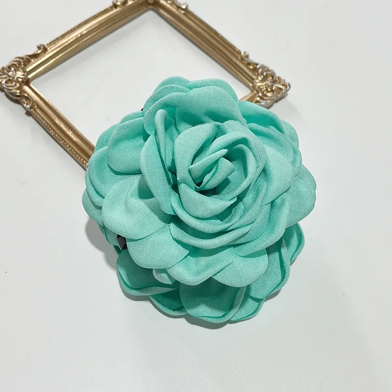 Teal fabric rose flower hair claw clip with gold-tone frame, 1 barrette