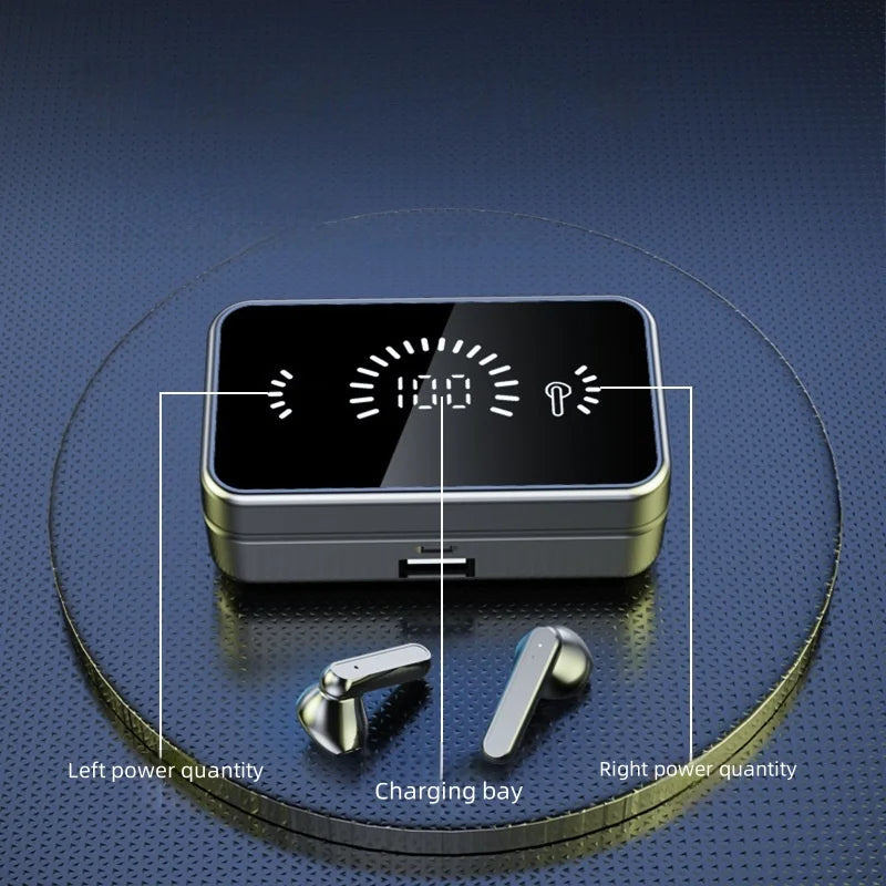Bluetooth earphones charging bay with two earbuds and status indicator display