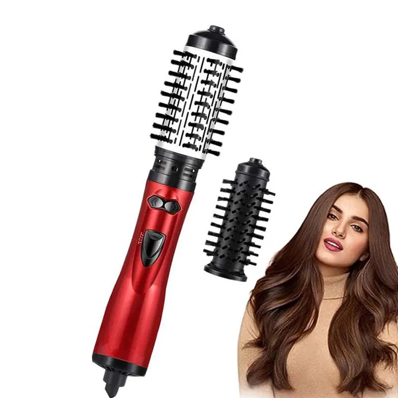 Red rotating hot hairbrush with two interchangeable brush attachments and black bristles