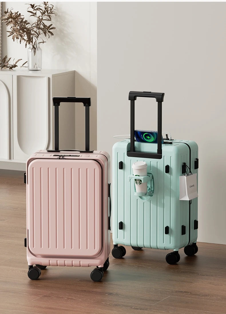 Front-opening hard-shell rolling suitcase in pink and mint green with wheels