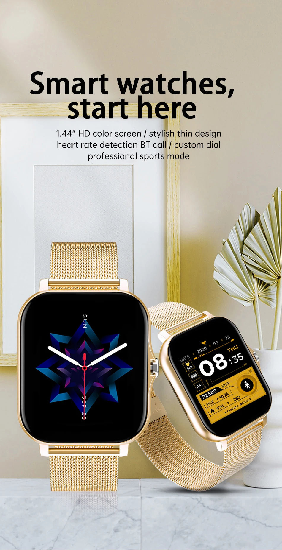 Gold metal mesh smart watch pair, screens show time and health metric tiles