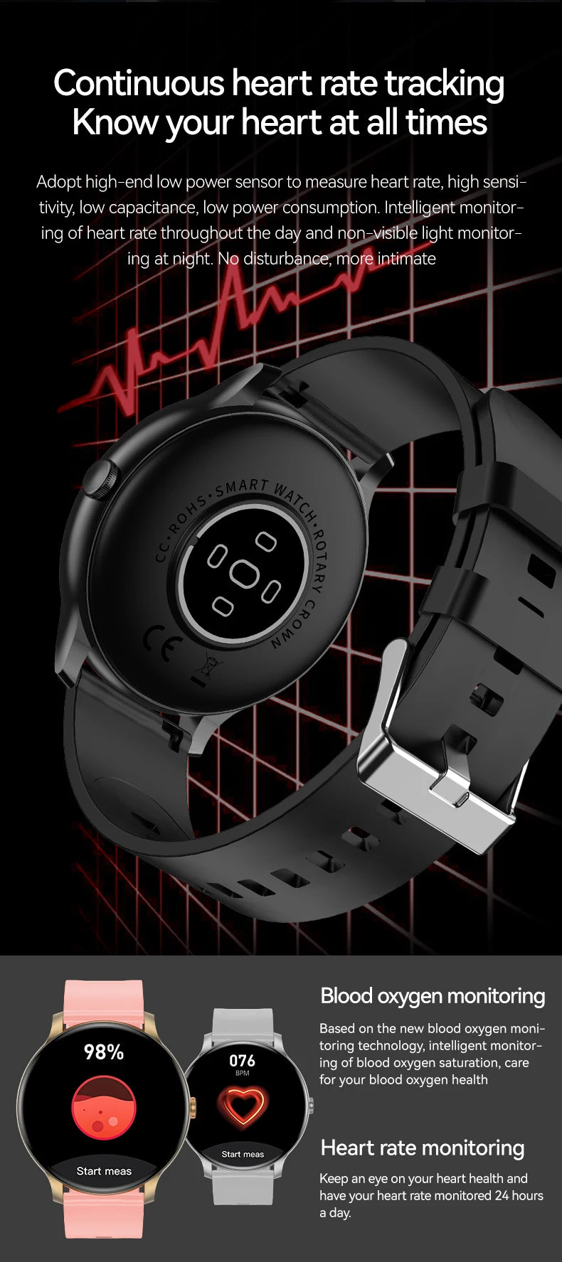 LAXASFIT GT2 Smart Watch, black silicone strap, back view with charging contacts