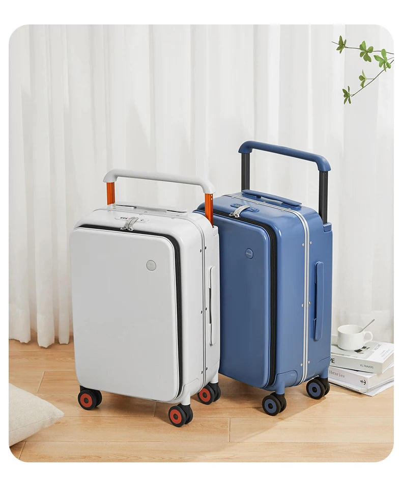 White and blue carry-on trolley suitcases with four spinner wheels and padded interior