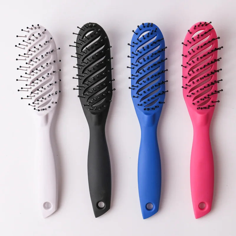 Curved scalp massage hair brushes with 9-row bristles, black, blue, pink, white