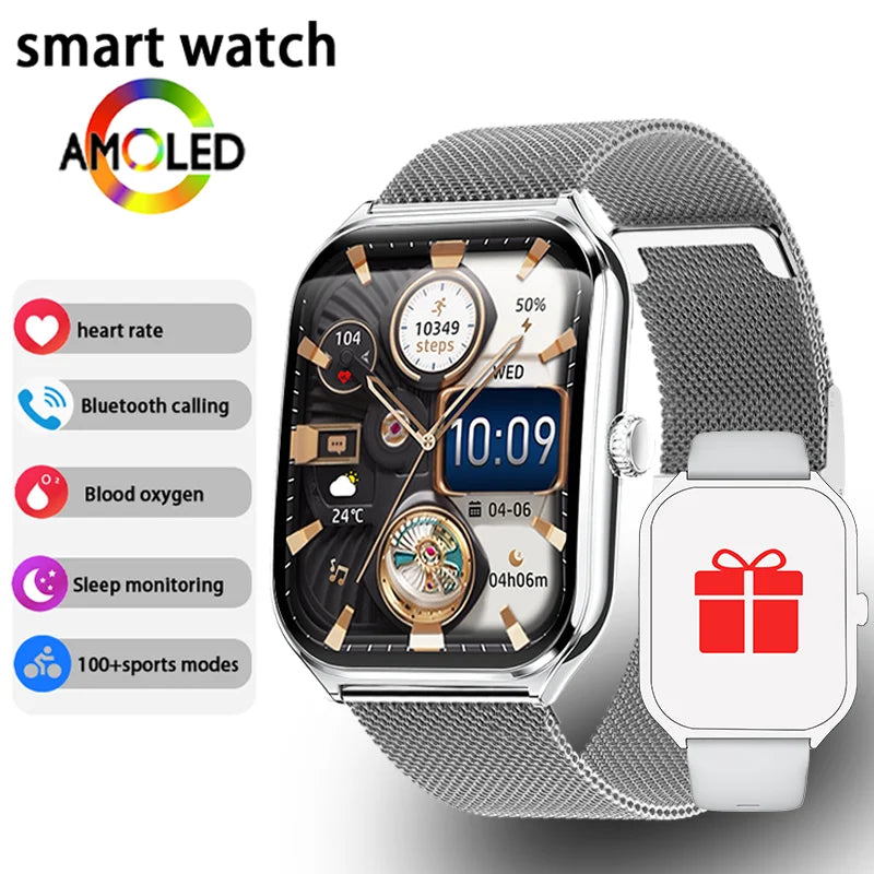 Ultra-thin AMOLED smart watch with silver mesh strap and black watch face