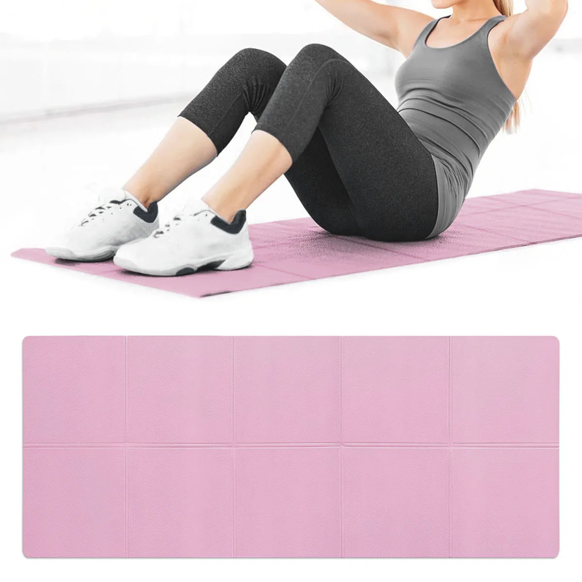 Pink 4mm EVA yoga mat under a person doing floor exercise