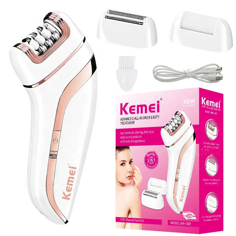 White and rose-gold electric epilator kit with box, attachments, and charging cable