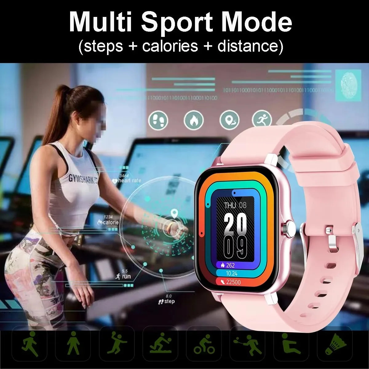 Cedar & Moore smart watch with pink strap, 1.4 inch OLED display, fitness tracking & health monitoring