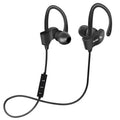 Black neckband sports headphones earbuds with ear hooks and inline remote visible