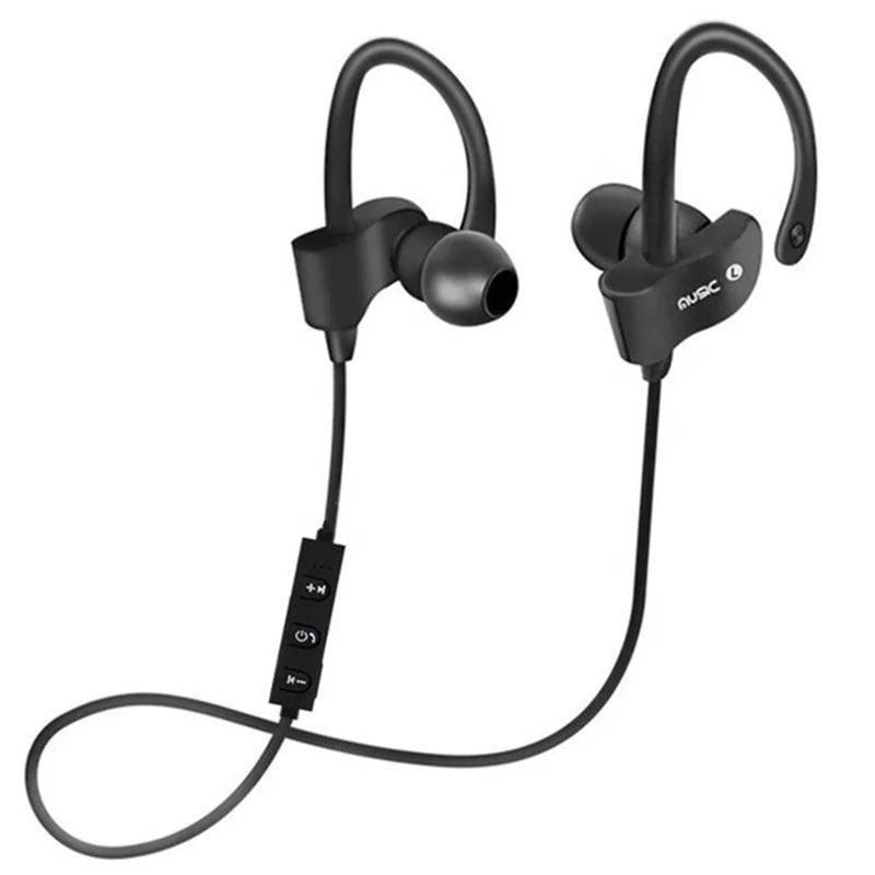 Black neckband sports headphones earbuds with ear hooks and inline remote visible