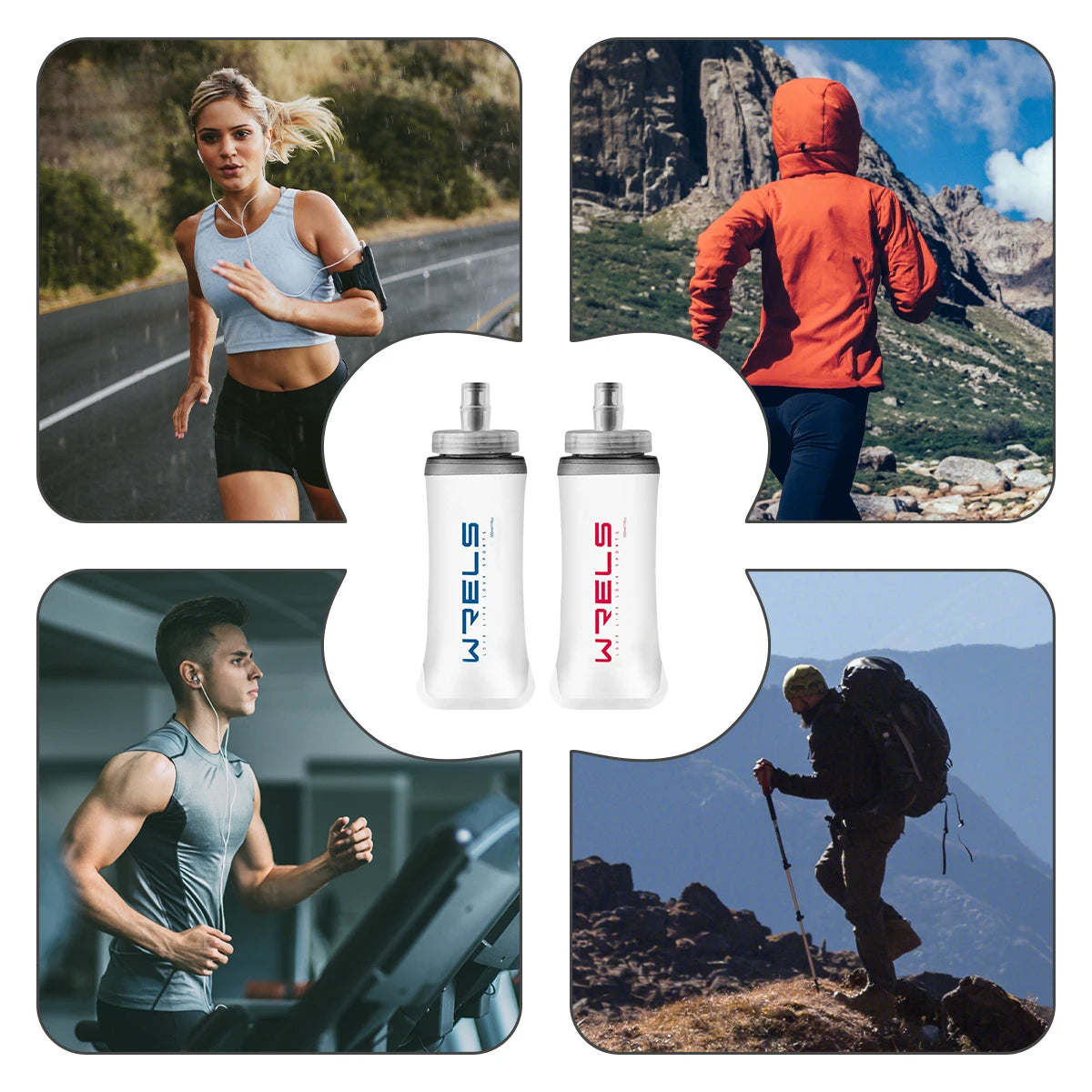 Two collapsible soft flasks with screw caps and frosted translucent bodies