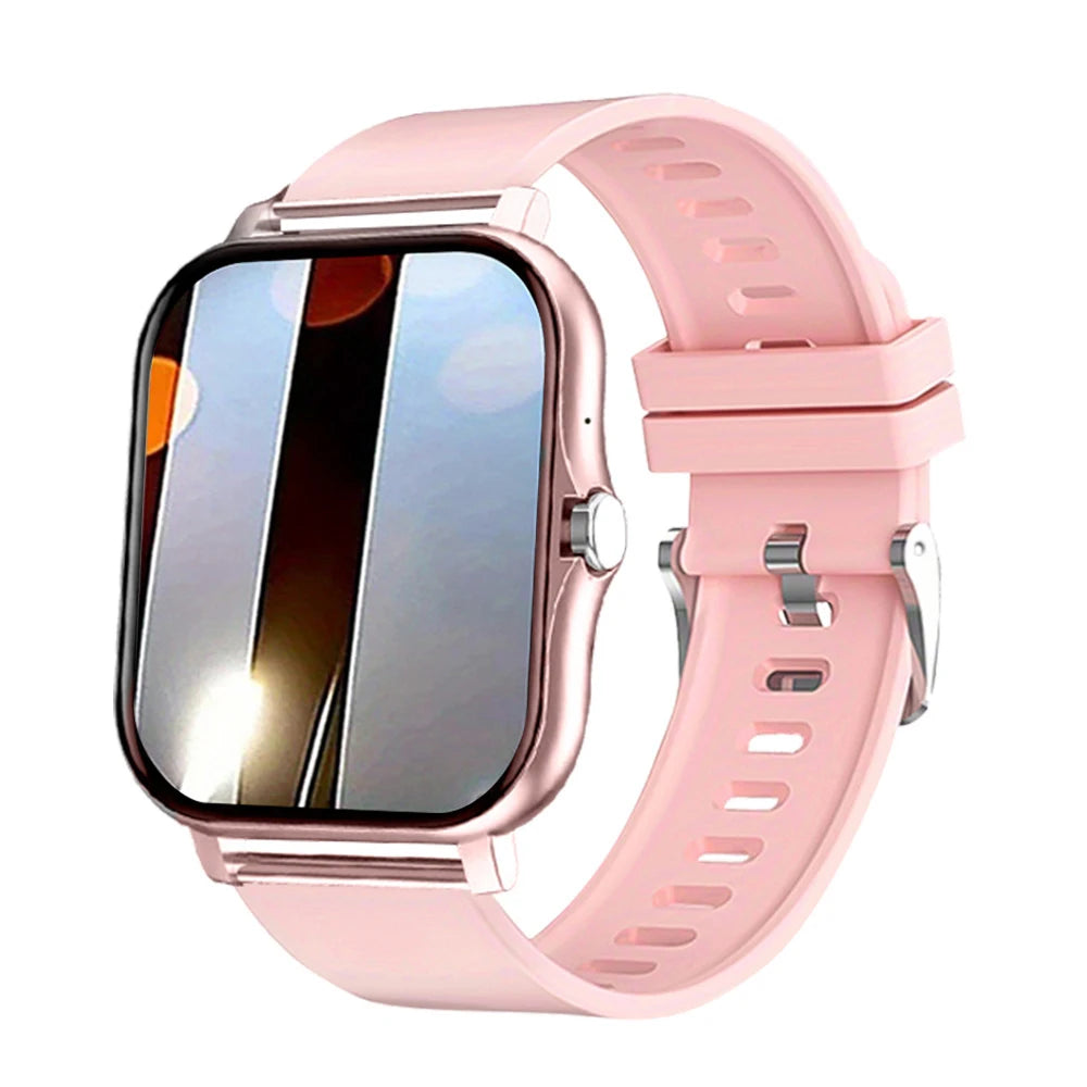 Pink mini smart watch with square touchscreen and pink silicone sport band.