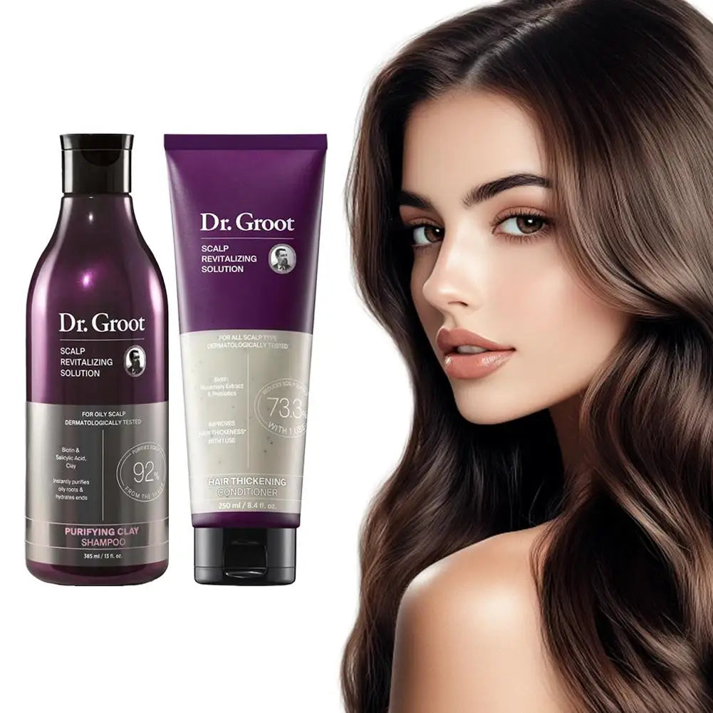 Dr. Groot hair loss treatment set: scalp revitalizing shampoo and hair thickening conditioner in purple packaging (2 items)