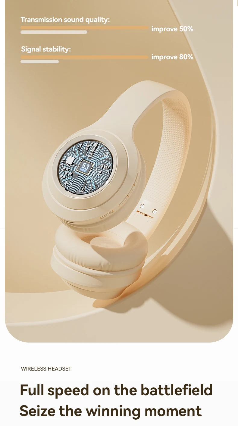 Over-ear wireless Bluetooth headphones with cushioned headband and ear cups, white/cream.