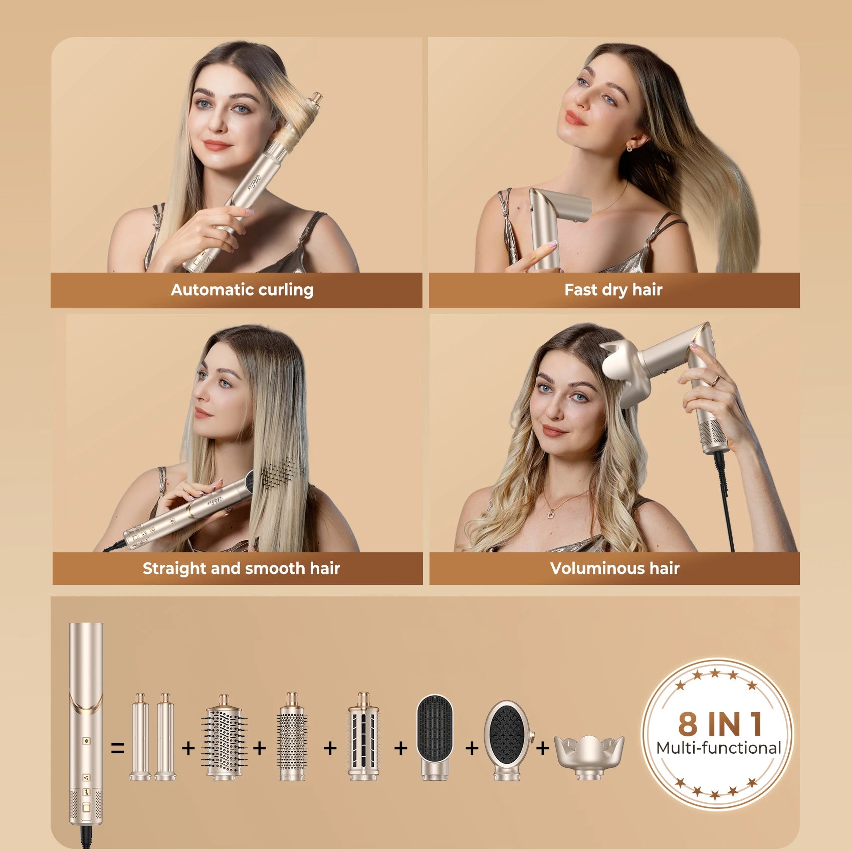 8-in-1 Professional Hair Styling Set - 110,000 RPM Brushless Motor Dryer with Complete Styling Tools