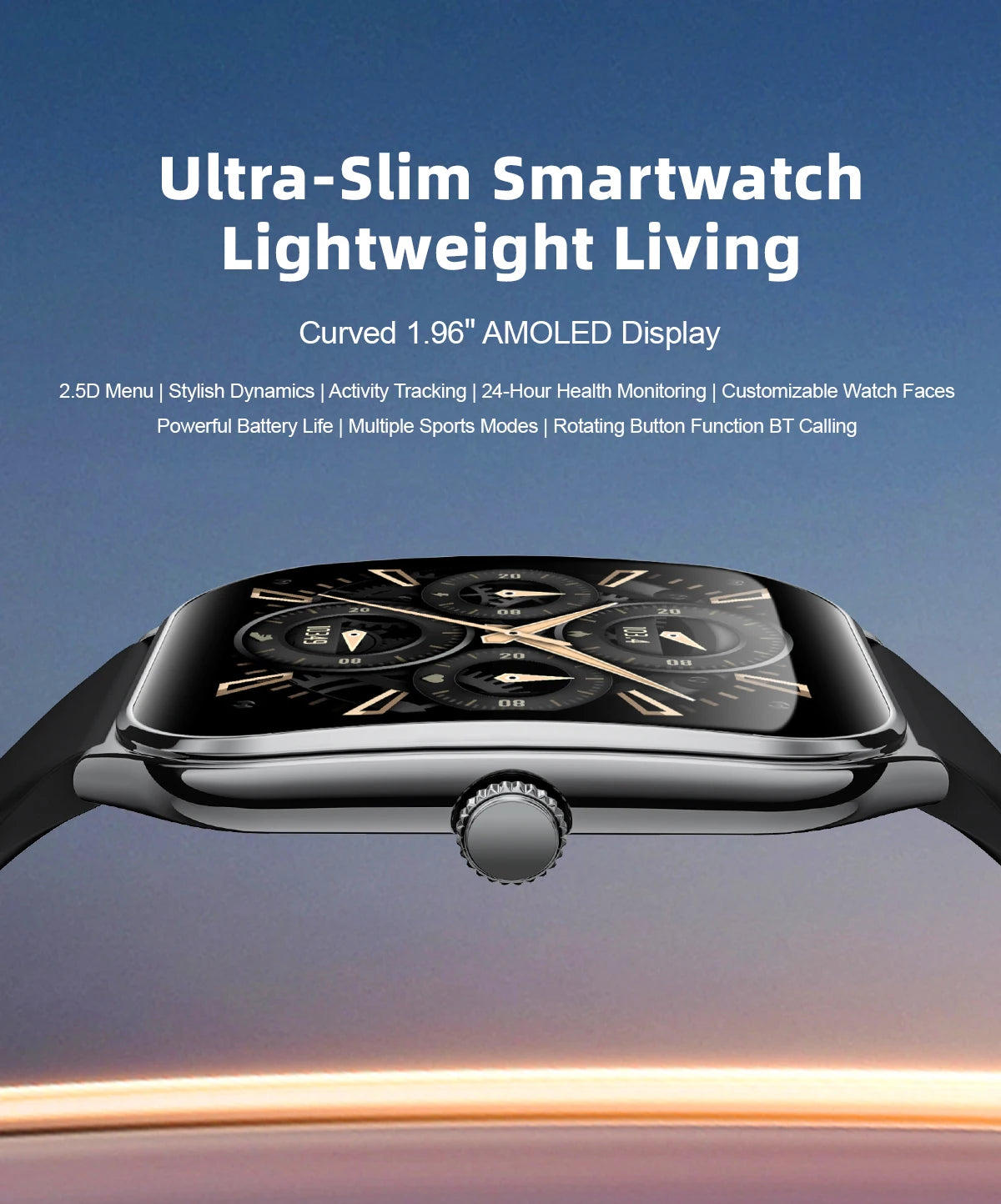 Ultra-thin smart watch with 1.96in AMOLED display and metal side crown