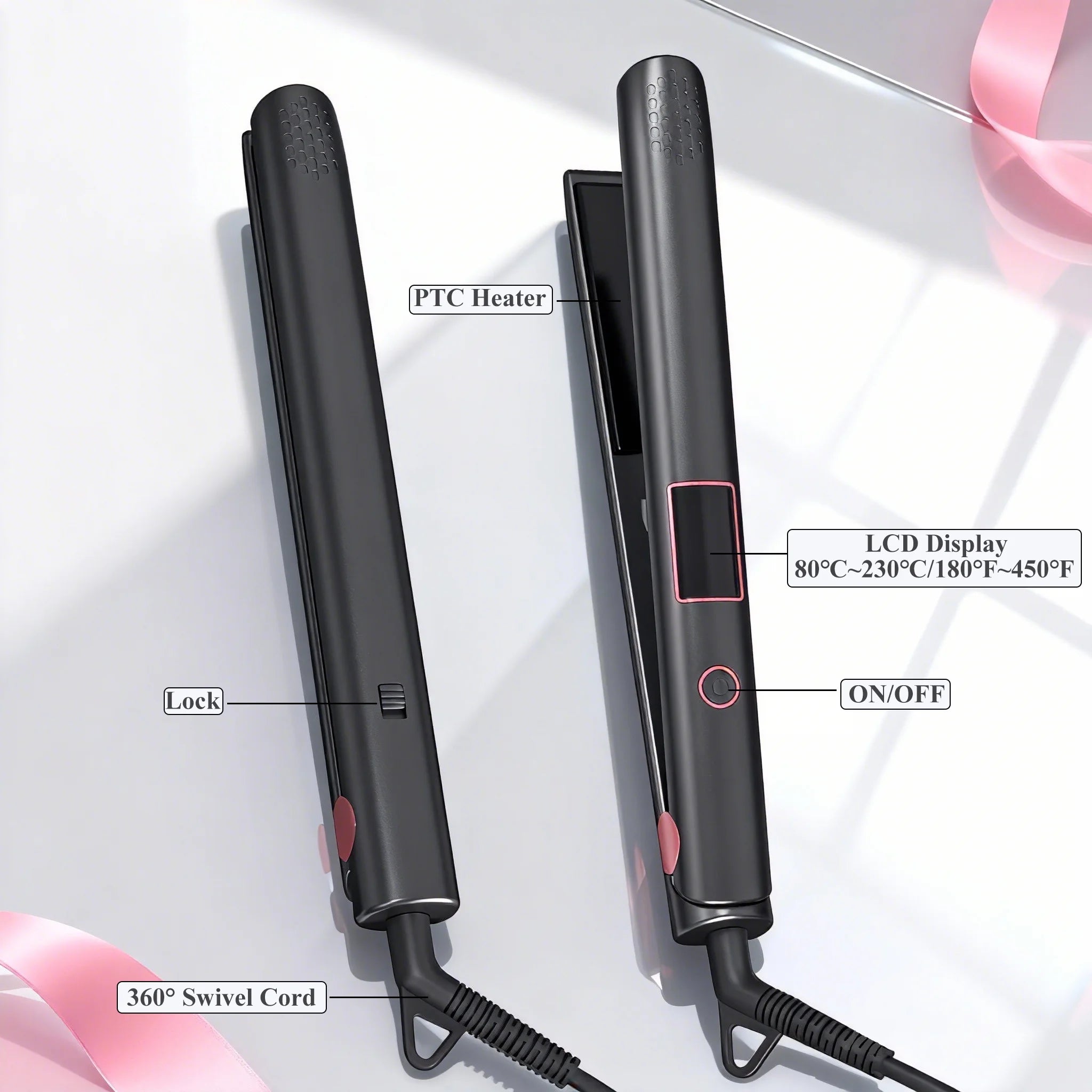PTC Ceramic Hair Straightener - LCD Display Flat Iron 2-in-1 Kit with Glove & Hair Clips