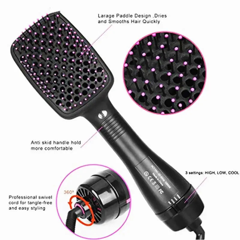Hot air brush hair dryer with vented bristle pad and anti-slip grip, black with pink accents