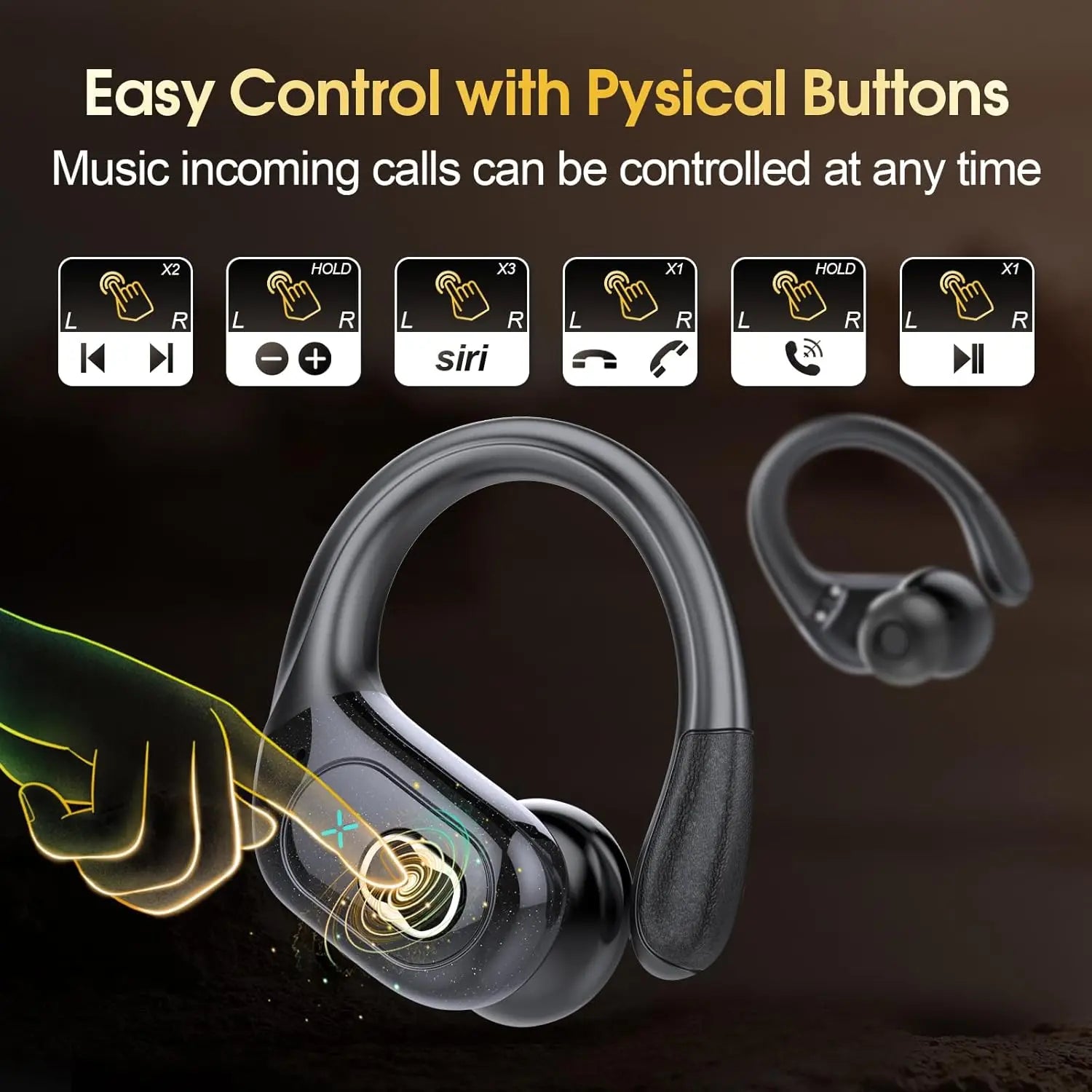 Black sport earbuds with ergonomic fit and physical button controls