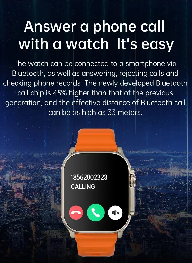 49mm smart watch with orange silicone strap, silver case, and calling screen