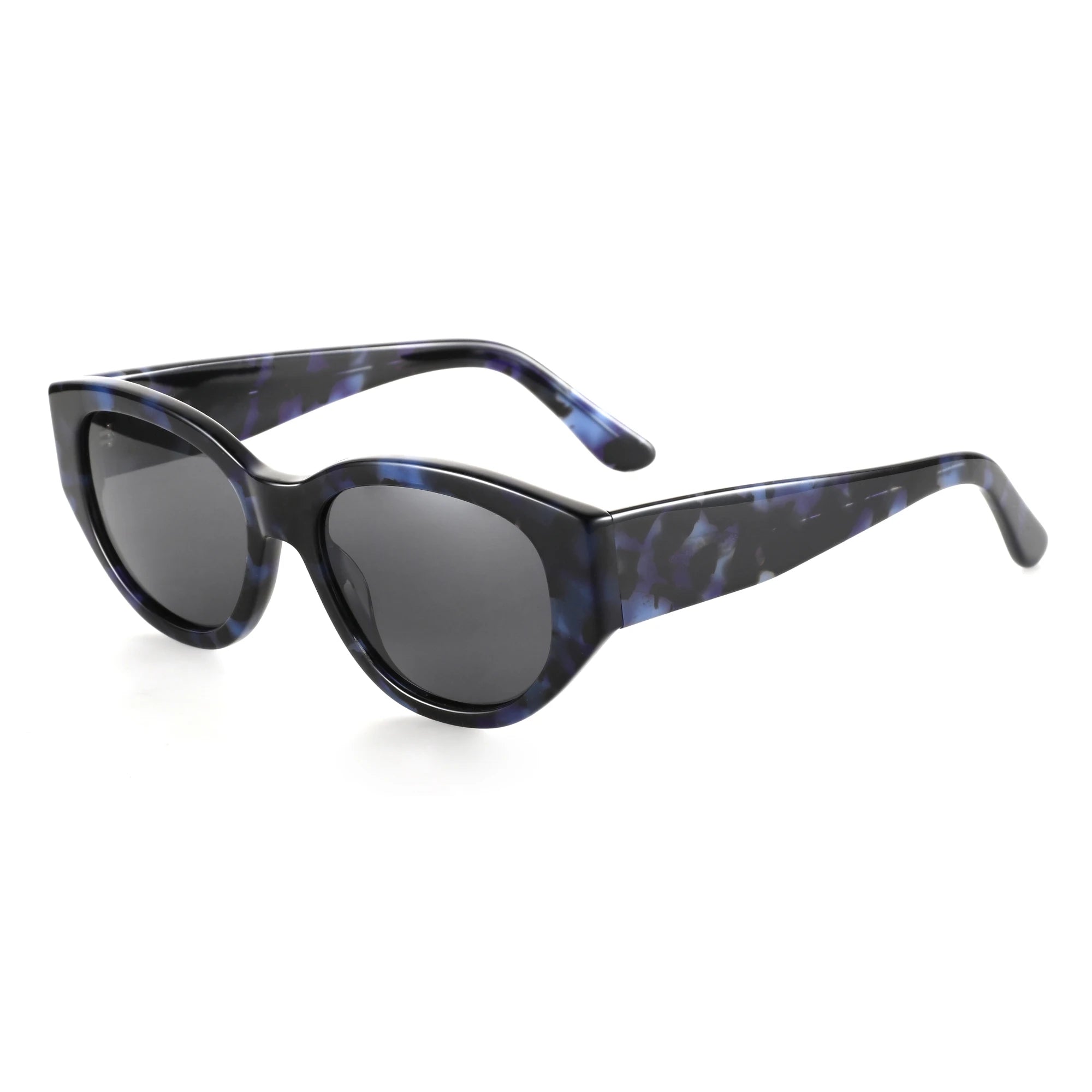 Women's blue-tinted cat-eye sunglasses with dark lenses, side view