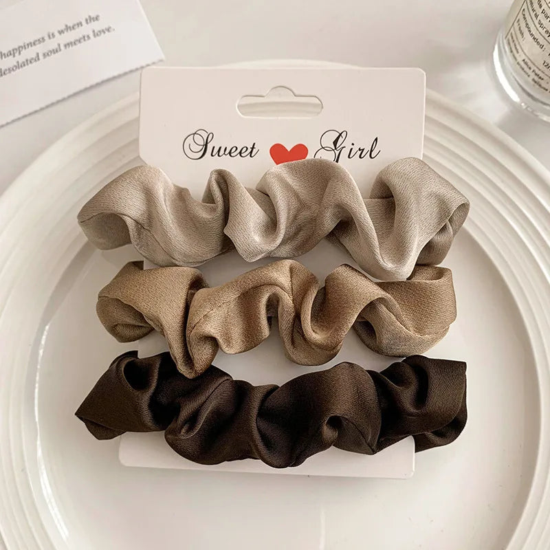 Multi Pack Elegant Satin Pleated Scrunchies - Solid Color Hair Ties for Women