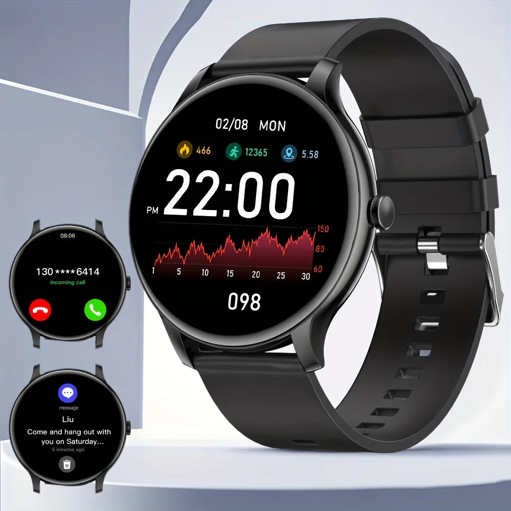 LAXASFIT GT2 smart watch, black round-face with silicone strap, shown as a 3-watch display