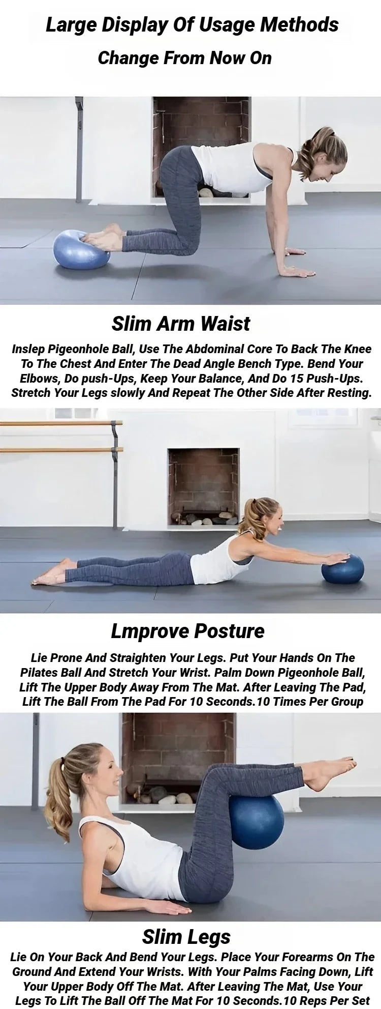 Blue yoga exercise ball in a plank leg stretch pose