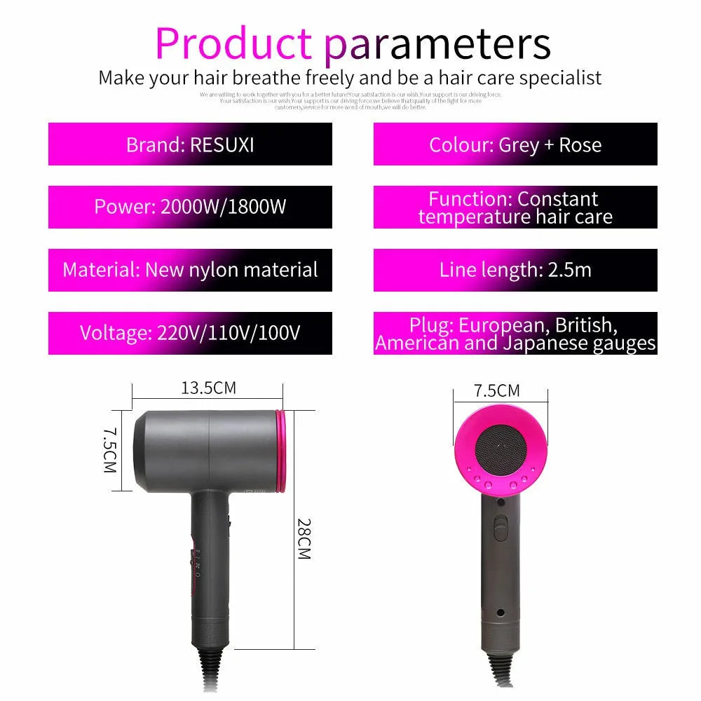 2000W Professional Hair Dryer - Hot & Cold Air with Diffuser & Negative Ion Technology