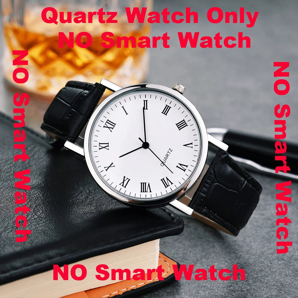 Quartz watch with white dial, roman numerals, silver case and black leather strap