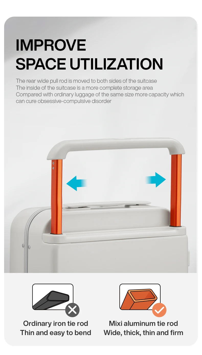 Carry-on trolley suitcase with extended top space and orange tie-rod supports