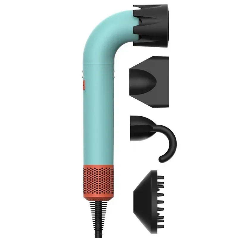 Mint green hair dryer with black concentrator and three styling attachments