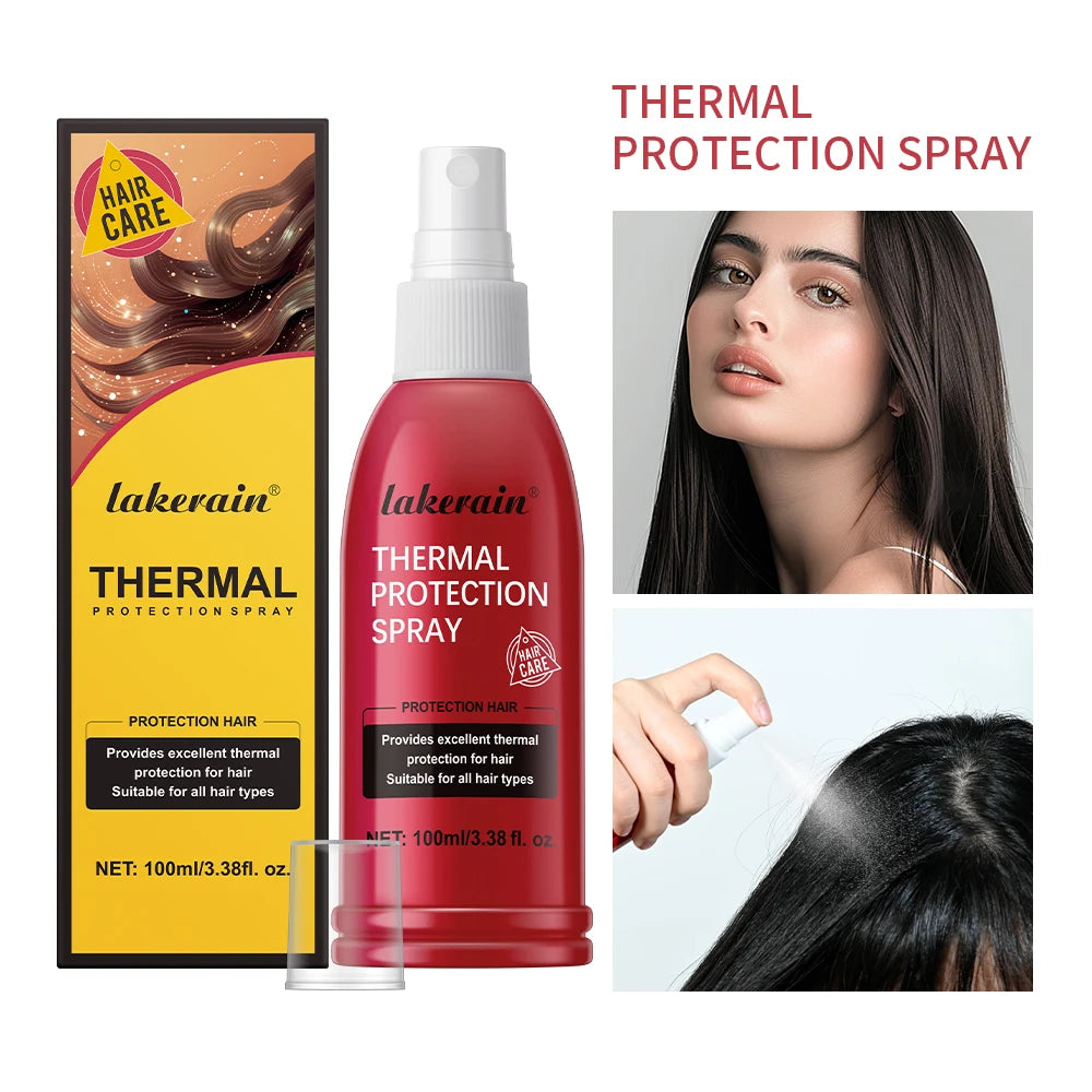 2 items: Lakerain Thermal Protection Spray bottle with yellow box by Cedar & Moore, 100ml heat/UV protection for hair.