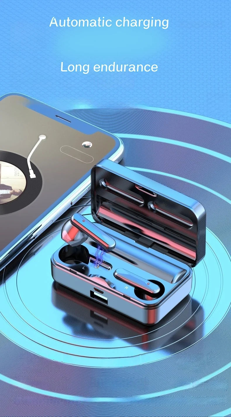 Bluetooth earphones charging case with earbuds, open lid and charging bays