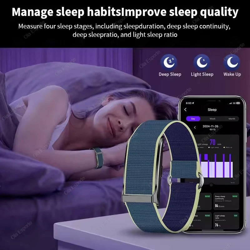 Blue fabric smart fitness tracker bracelet beside smartphone showing sleep stages