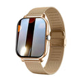 Gold-tone mini smart watch with square touchscreen and gold mesh metal band.