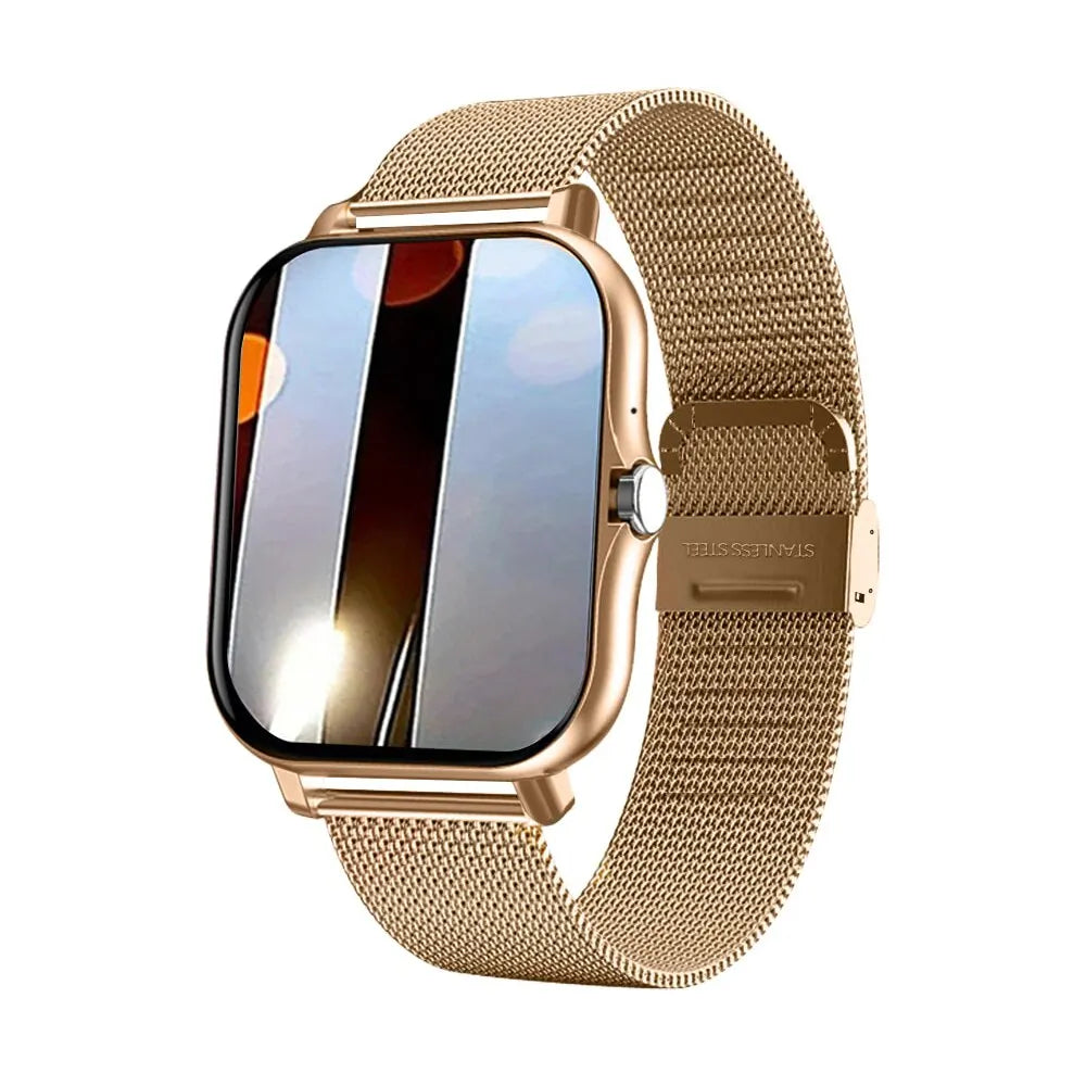 Gold-tone mini smart watch with square touchscreen and gold mesh metal band.