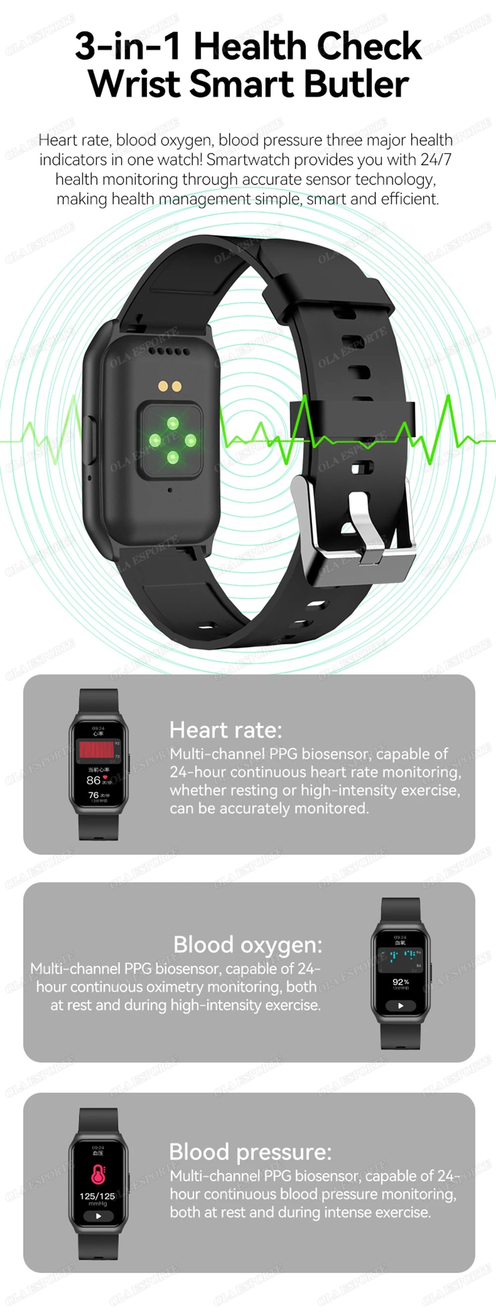 Curved Screen Smart Watch - Heart Rate Blood Oxygen Pressure Sleep Monitor Waterproof