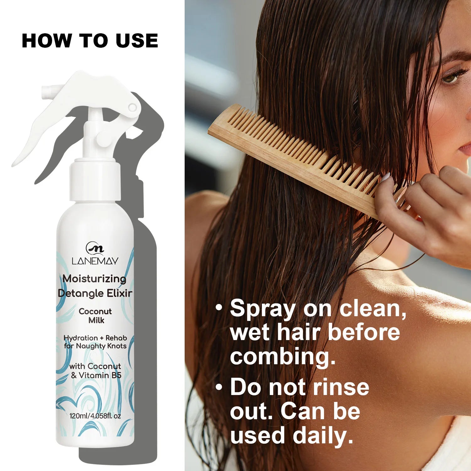 Lanemay Detangling Elixir spray bottle with coconut milk, 120ml, for hair detangling