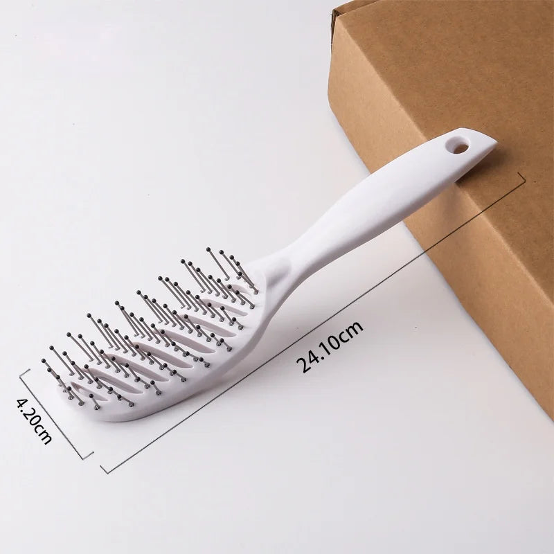 White curved hair detangling brush with 9-row bristles and scalp massage, 24.10cm