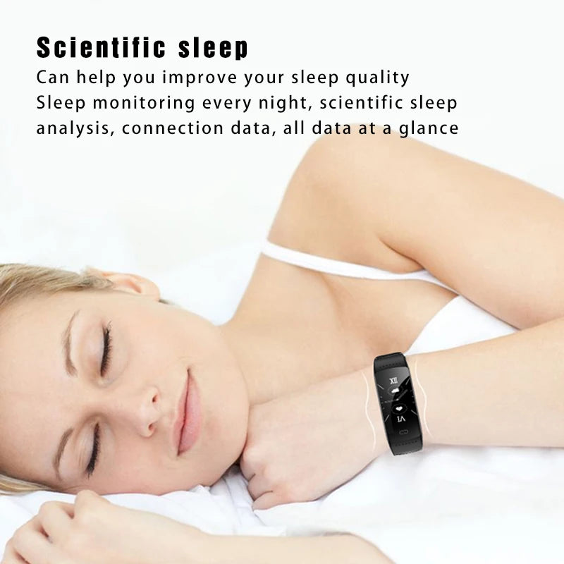 Sport smart watch on wrist beside sleeping person, dark screen facing outward