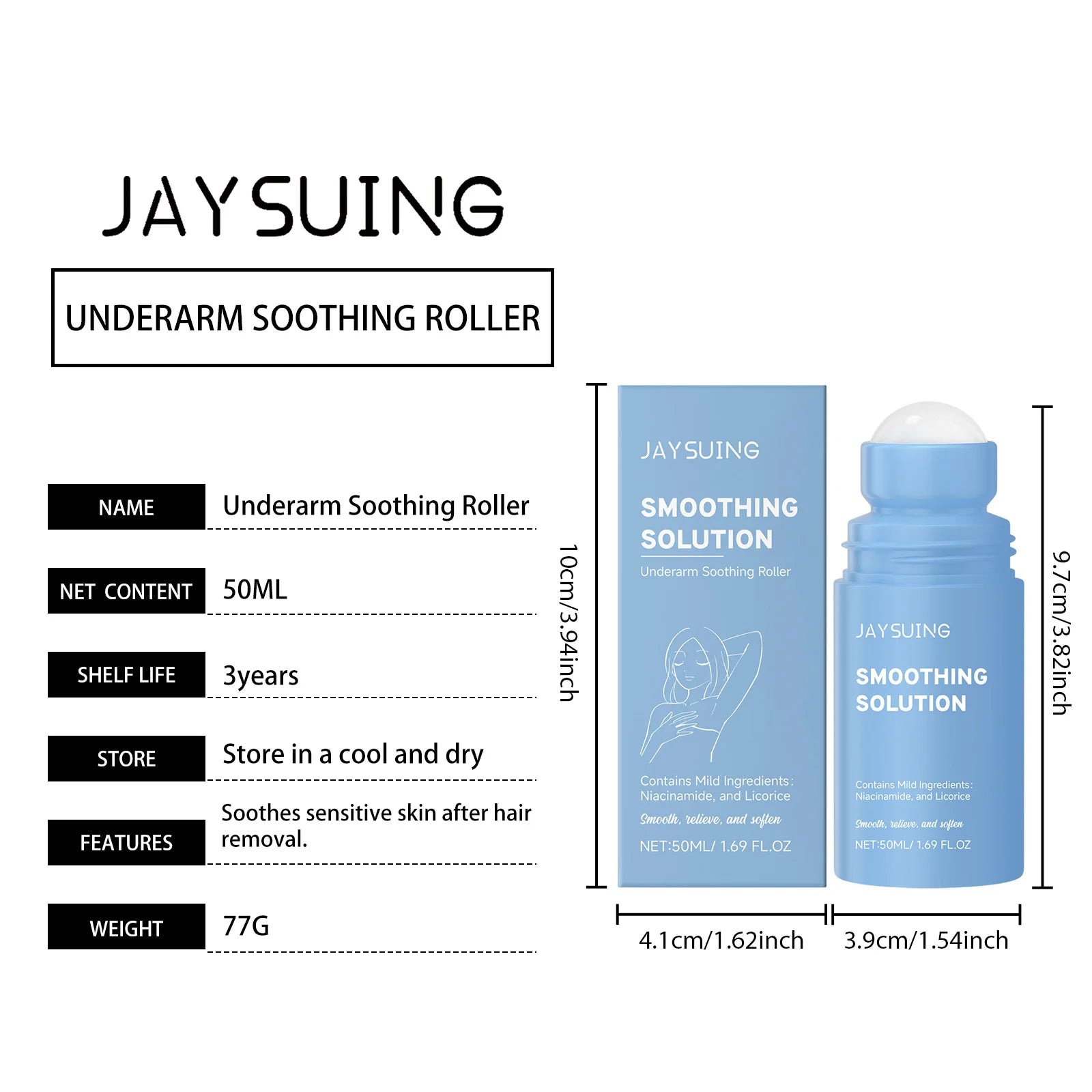 Underarm soothing roller bottle with blue cap beside product information box