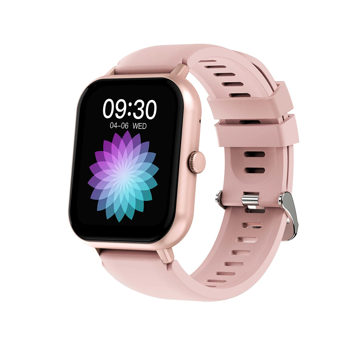 Smartwatch with pink silicone strap, square black screen showing 09:30